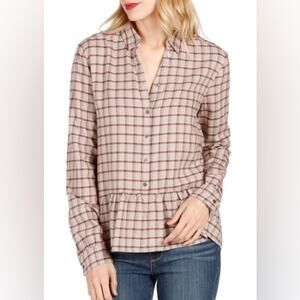 Paige Medium Jenelle Ruffle Plaid Shirt Cream Red Button Up Collared